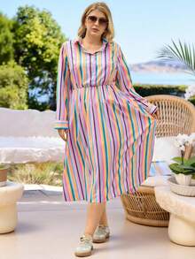Rosumi Plus Size Casual Commuter Striped Dress, Autumn Winter Clothes For Women Cozy Fall And Winter Clothes For Women Casual Long Dresses - Multicolor - View 6