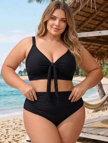 SHEIN CURVE+ 大尺碼女款 2 件組黑色扭結 V 領高腰坦基尼泳衣 海灘度假風 - 黑色 - 查看 3