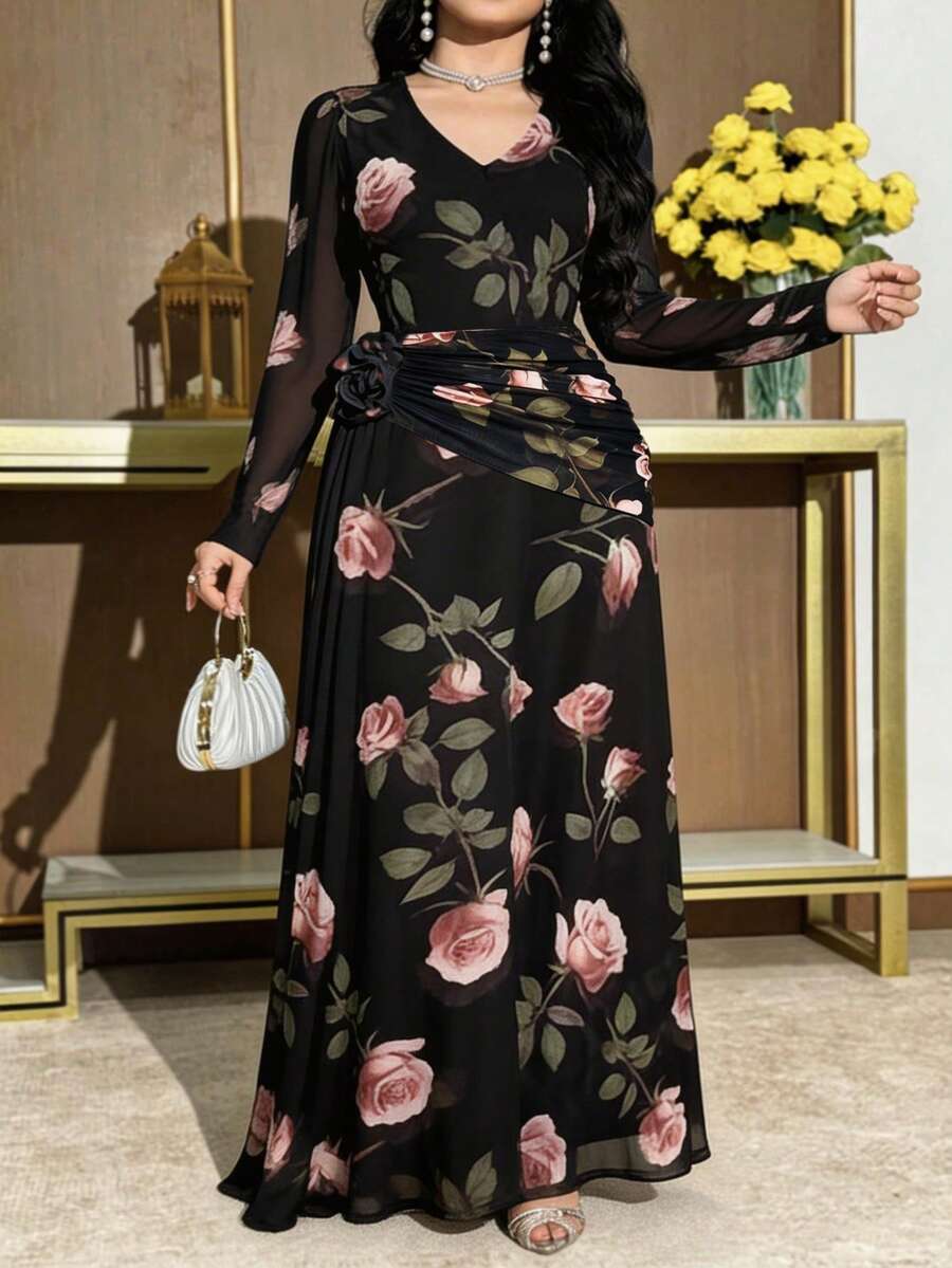 Modelyn Plus Size Women's Elegant Floral Print V-Neck Ruched Waist Vacation Dress, Suitable For Spring, Summer And Autumn - Multicolor - View 1