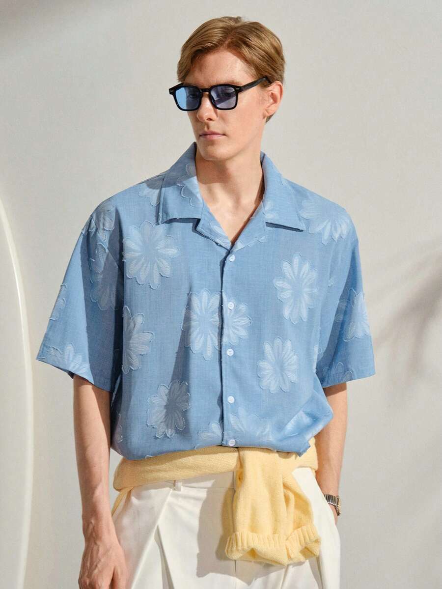 VeloEdit Blue New Spring/Summer Jacquard Floral & White Casual Vacation Party Short Sleeve Shirt Light Graphic Men Vintage Baby Hawaiian Old Money Style GiftFall Winter - Blue - View 1