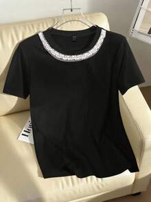 EMERY ROSE Women's Round Neck Embellished Chain Design Short Sleeve Casual T-Shirt, Summer Black Rhinestone Top - Black - View 8
