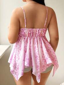Sunnyshic Plus Size Floral Print Lace Patchwork Camisole - Pink - View 2