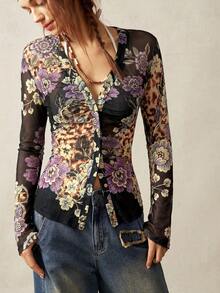 Bohemela Plus Size Women's Elegant Vintage Leopard & Floral Print Front Button Sheer Blouse Fall - Multicolor - View 7