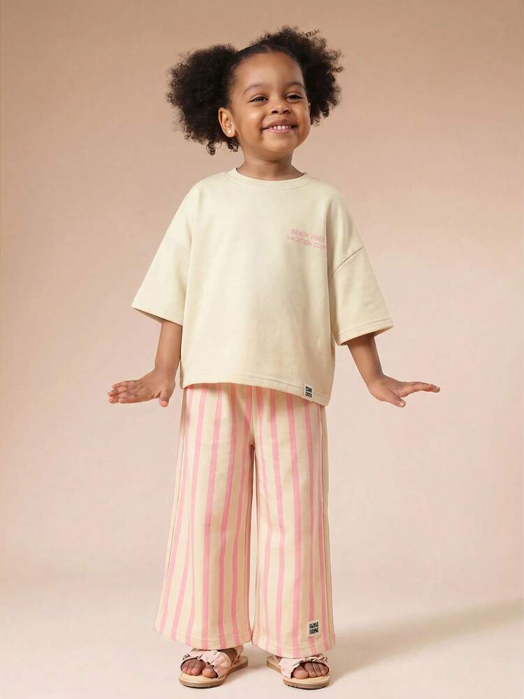 Conjunto Coordenado Oversized com Estampa de Limão para Meninas, Calça Capri Listrada de Perna Larga, Roupa de Duas Peças para Férias de Verão