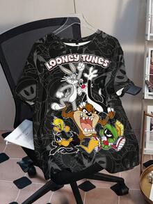 LOONEY TUNES X SHEIN تي شيرت بطبعة كاملة بياقة مستديرة وأكمام قصيرة مقاس كبير بتصميم بسيط - أبيض - مشاهدة 3