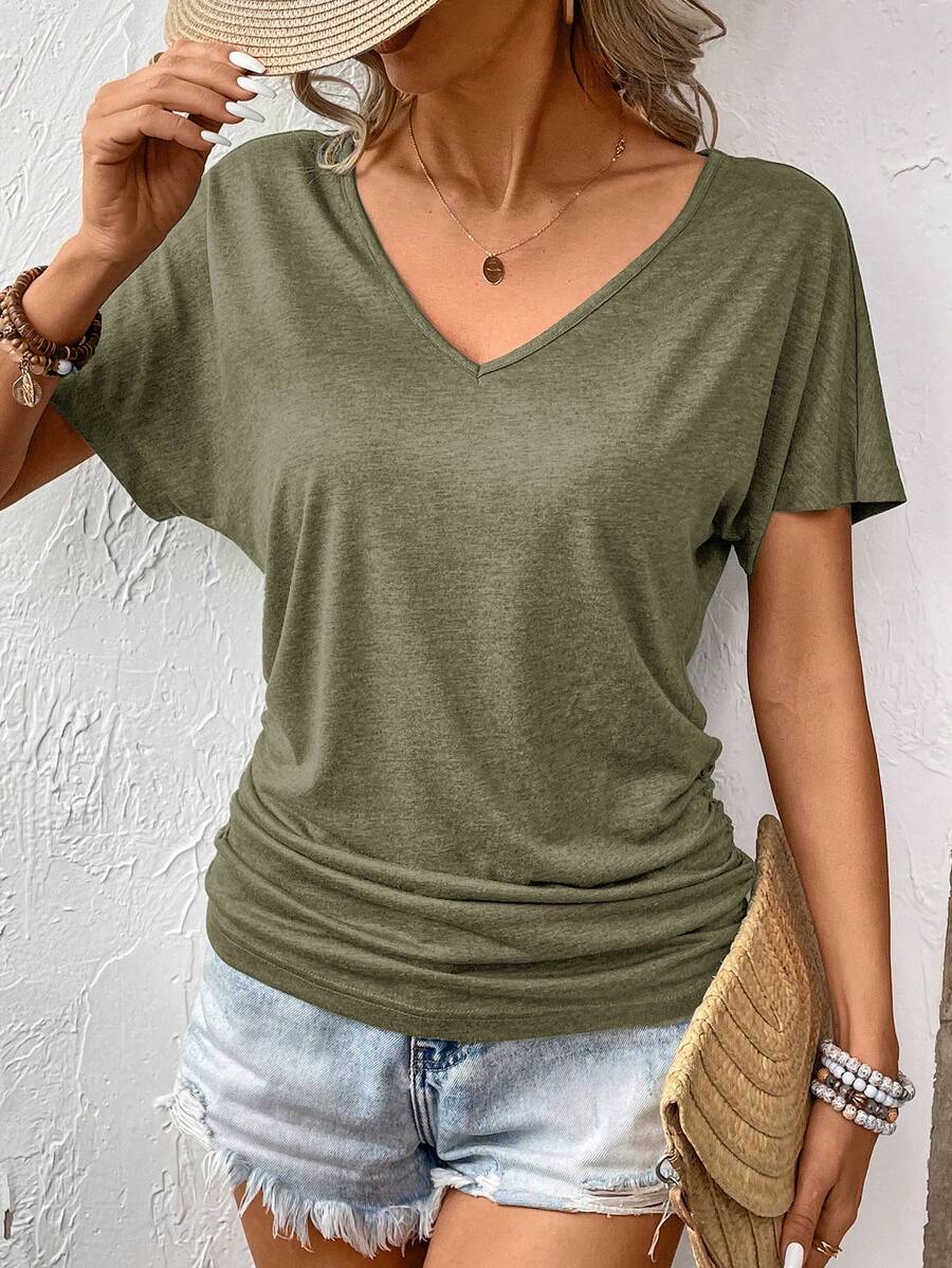SHEIN Frenchy 女款簡約素色百褶日常/度假V領上衣深色T恤 - 軍綠色 - 查看 1