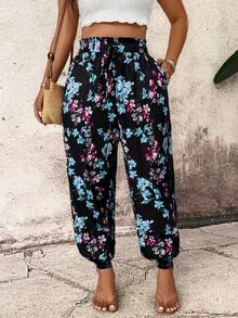 Breezaya Casual Comfortable Vacation Tropical Plant Print Pocket Drawstring Waist Women's Plus Size Long Pants, Summer - Mint Blue - View 1
