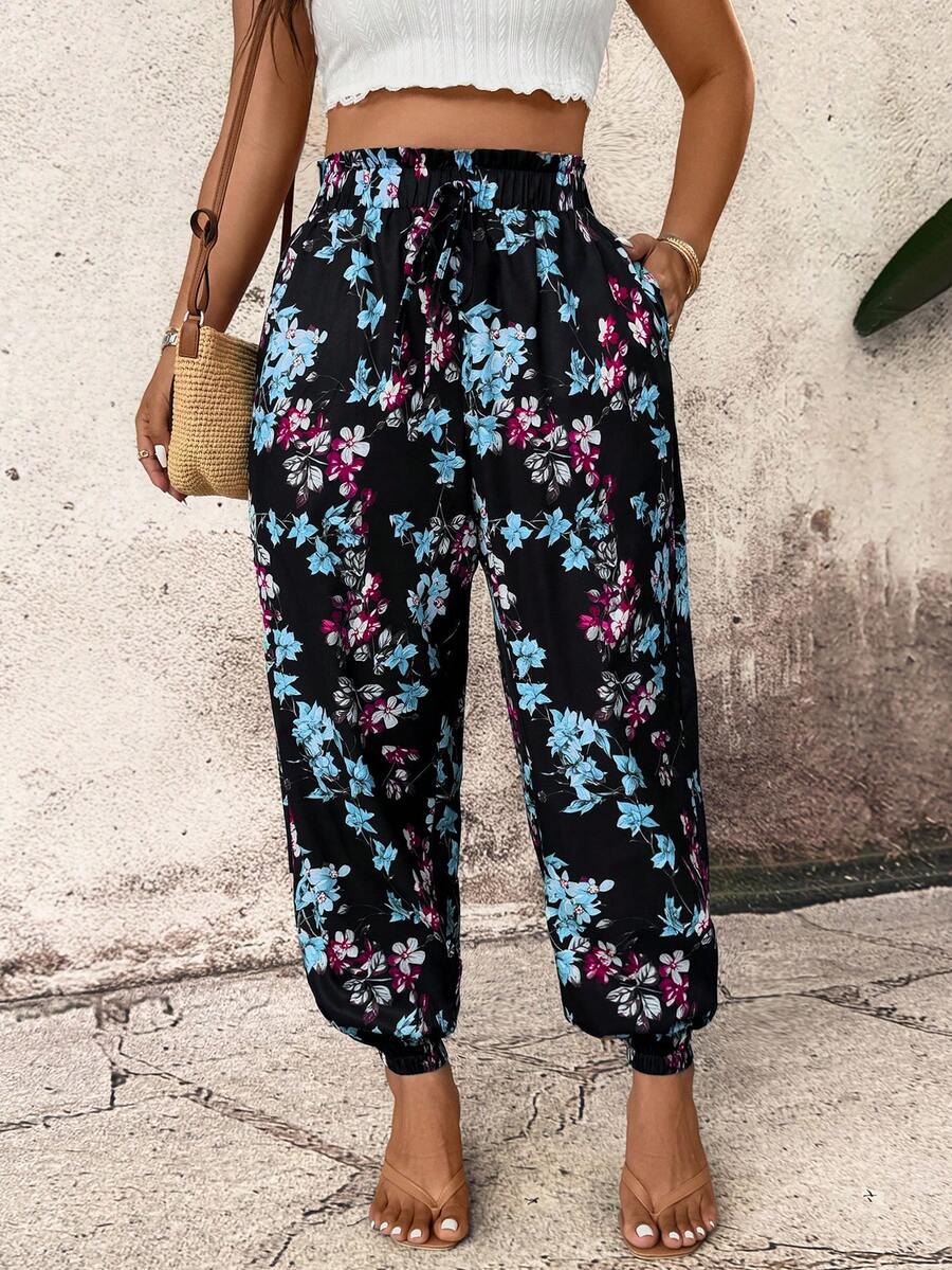 Breezaya Casual Comfortable Vacation Tropical Plant Print Pocket Drawstring Waist Women's Plus Size Long Pants, Summer - Mint Blue - View 1