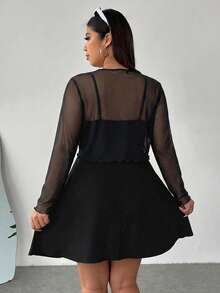 SHEIN EZwear Conjunto de 2 piezas para mujer talla grande con cárdigan de punto de frente abierto & vestido de tirantes finos de unicolor - Negro - Ver 2