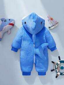 SHEIN 新生兒鯊魚造型套裝，可愛毛絨鯊魚造型3D針織帽，刺繡鯊魚圖案長袖連身衣，適合嬰兒秋季穿著 - 藍色 - 查看 6