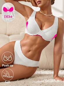 Swim DD+ 2026 SS 女款海灘套裝，女款泳衣套裝，2件式，優雅浪漫性感知性條紋紋理面料，適用於海灘度假村，專為 DD+ 胸圍設計，PUSH UP 支撐鋼圈，可拆卸襯墊杯，比基尼套裝，黑色、咖啡棕色、棕色，性感奢華，優雅知性，浪漫度假，2026 春夏新款時尚，新年、情人節、開學季、旅遊季節，適合度假、海灘、下午茶野餐、派對、日常穿著、休閒、戶外運動，時尚套裝 - 白色 - 查看 6