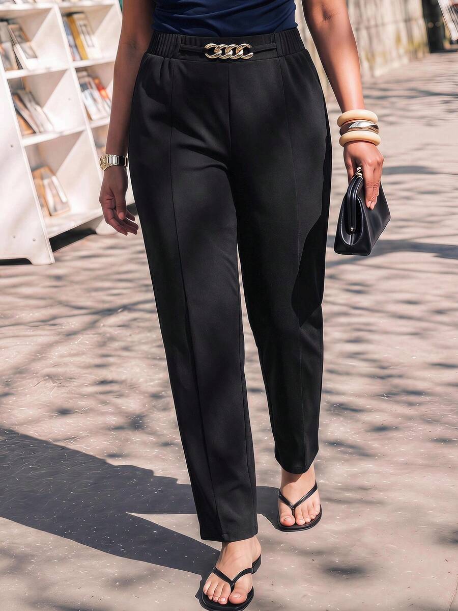 Maija Plus Size Black Pants For Women,Autumn Elegant Formal Office Wear,Solid Color Casual Trousers With Chain Detail, Outfits,Work Outfit - Black - View 1