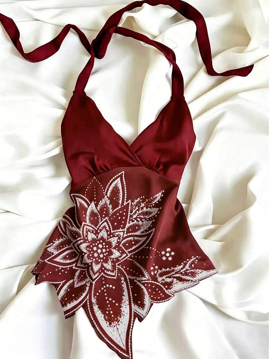 Franclia 女款夏季海灘度假夜出門花卉印花露背前綁帶掛脖上衣 紅色花卉 性感波希米亞風 - 紅色 - 查看 1