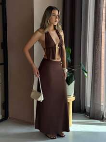 hollyjadebate 女款兩件式套裝 日常穿著 夏季優雅 - 咖啡棕 - 查看 4