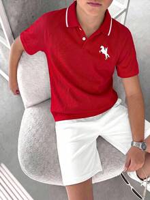 SHEIN Kids Tween Boy Spring/Summer Casual Versatile Red Pique Short Sleeve T-Shirt POLO Shirt Knit Top Suitable For Commuting, School, Daily Casual Outings, Sports, Spring/Summer Seasons, Beach Vacations - Red - View 4
