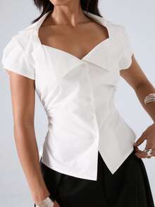 LYSMO 2026 New Arrive Minimalism Casual French Elegant Spring/Summer Women's Solid Color Waist-Defining Shirt Office Brunch White Teachers' Day - White - View 3
