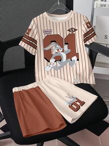 LOONEY TUNES X SHEIN Young Boy Summer Casual Striped Rabbit Print Short Sleeve T-Shirt And Shorts Set - White - View 3