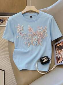 GlowEve 女款春夏休閒3D貼花刺繡T恤，圓領短袖T恤，適合日常休閒穿著 - 藍色 - 查看 5