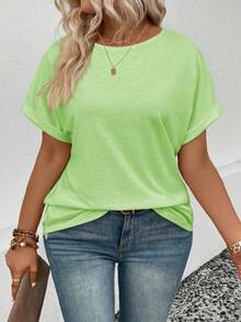 EMERY ROSE Women's Summer New Plus Size Round Neck Loose Casual Plus Size T-Shirt - Green - View 4