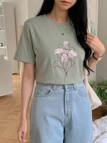 DAZY 夏季新款海灘度假寬鬆休閒花卉印花女款T恤圖案上衣 - 綠色 - 查看 2