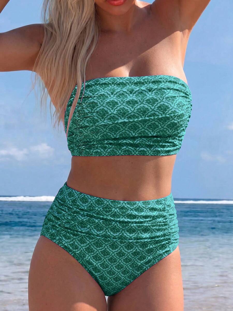 Swim Lushoire Women's Solid Color Bandeau Bikini Set With Double Side Ruched Details, Beach Summer Outfit - Green - View 1