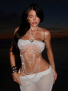 Swim SXY Verano Otoño Nuevo, Cubre-Bañador con Cuentas Coloridas, Diseño Sexy de Moda para Chicas Hot Europeas y Americanas, Adecuado para Festivales de Música y Festivales de Música Electrónica, Estilo Bohemio Cubre-Bañador para Mujeres - Beis - Ver 9