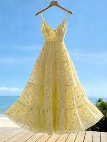 SHEIN PariChic 夏季碎花吊带露背蝴蝶结拼接优雅女式连衣裙，黄色，适合婚礼宾客、毕业典礼、海滩度假等场合 - 黃色 - 查看 6