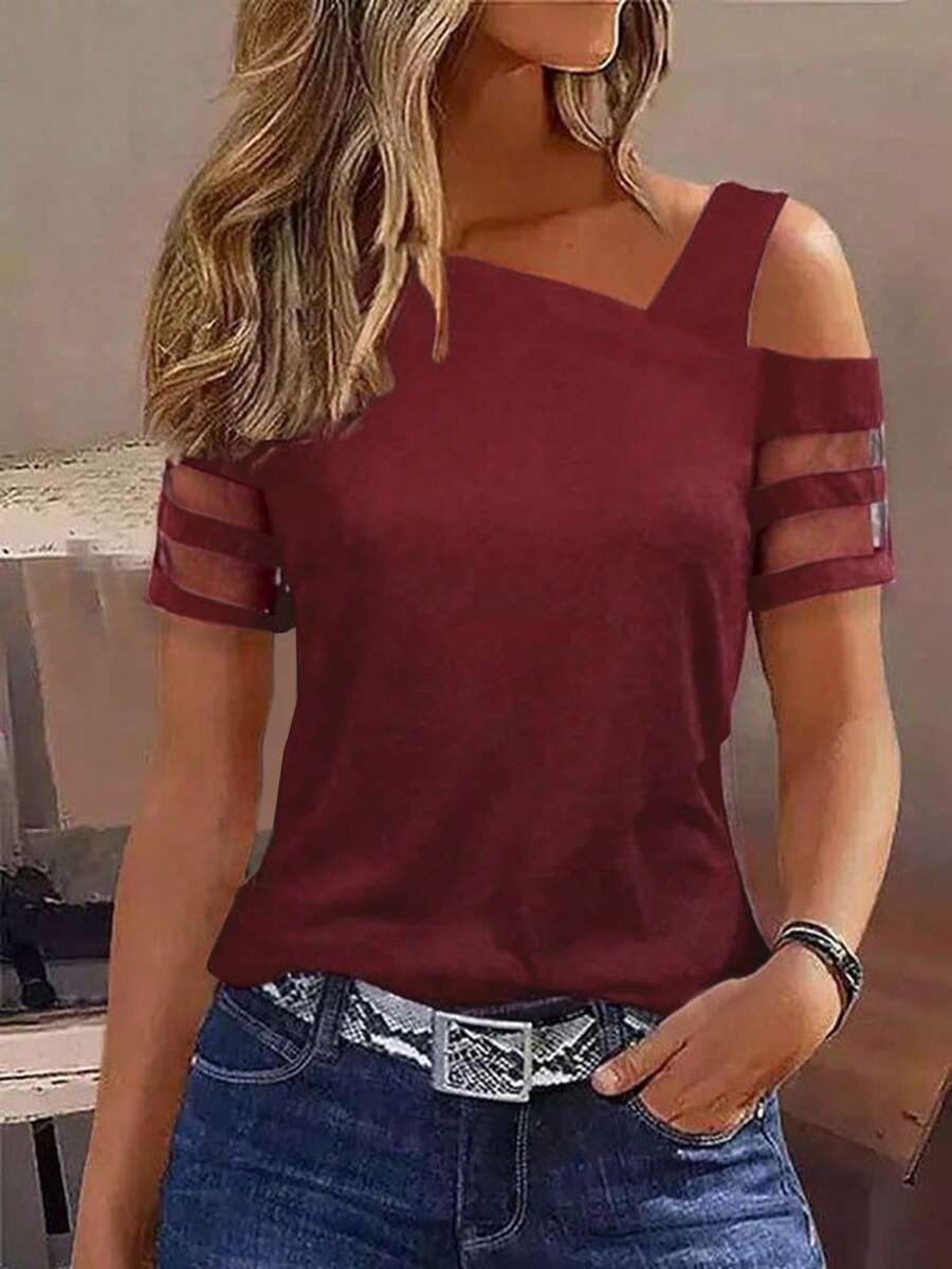 Zayélia 女款休閒度假不對稱肩短袖網格拼接T恤 - 酒紅色 - 查看 1