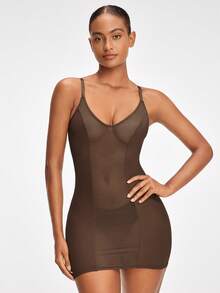 SHAPORA Women's Splicing See-Through Mesh Cami Bodycon Dress - Brown - View 10