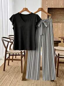 SHEIN Frenchy 2pcs/Set Plus Size Women's Black Solid Top And Black & White Striped Pants Set, Fashionable New Style, Suitable For Spring/Summer Outdoor Wear - Black - View 6