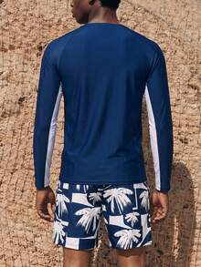 Palasendo 2pcs/Set Men's Coconut Tree Print Long Sleeve Top & Shorts Swimwear Set, Hawaiian, Holiday - Multicolor - View 2