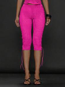 MUSERA Legging Pendek Wanita Warna Polos dengan Tali Pengikat, Kasual, Serbaguna, Cocok untuk Musim Dingin dan Natal. - Hot Pink - View 2