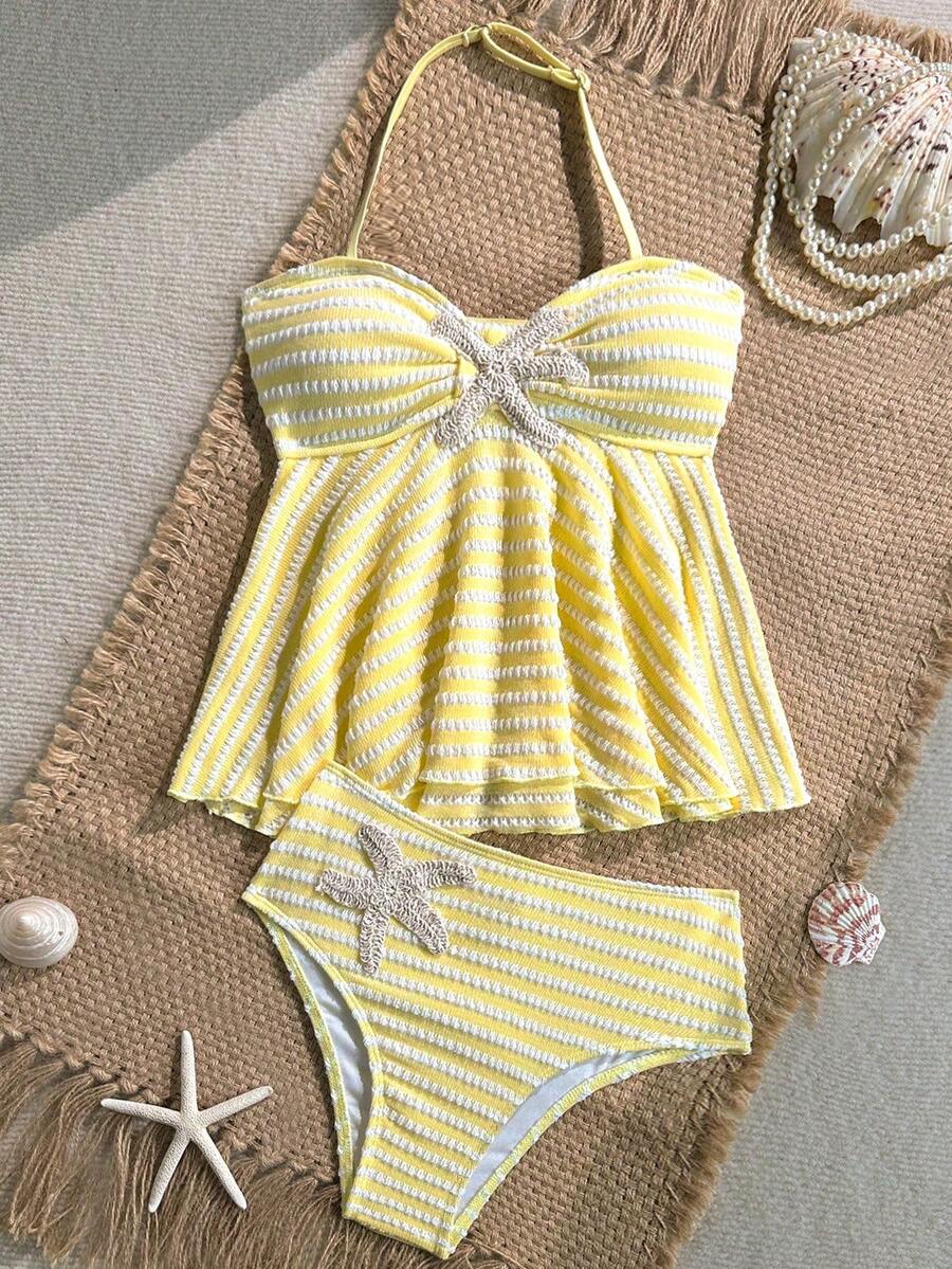 SHEIN Tween Girl Patchwork Striped Sweet Halter Neck Tank Top And Triangle Bikini Bottom Swimsuit Set - Yellow - View 1