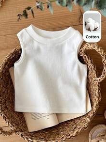 SHEIN LMoss Kids 女嬰針織素色圓領貼身休閒背心上衣 - 白色 - View 1