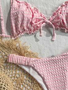 Swim Mod Bộ bikini 2 mảnh màu hồng phối ren xếp tầng thắt nơ phía trước dễ thương ngọt ngào thời trang năng động dự tiệc cho kỳ nghỉ hè trên bãi biển - Hồng - Xem 3