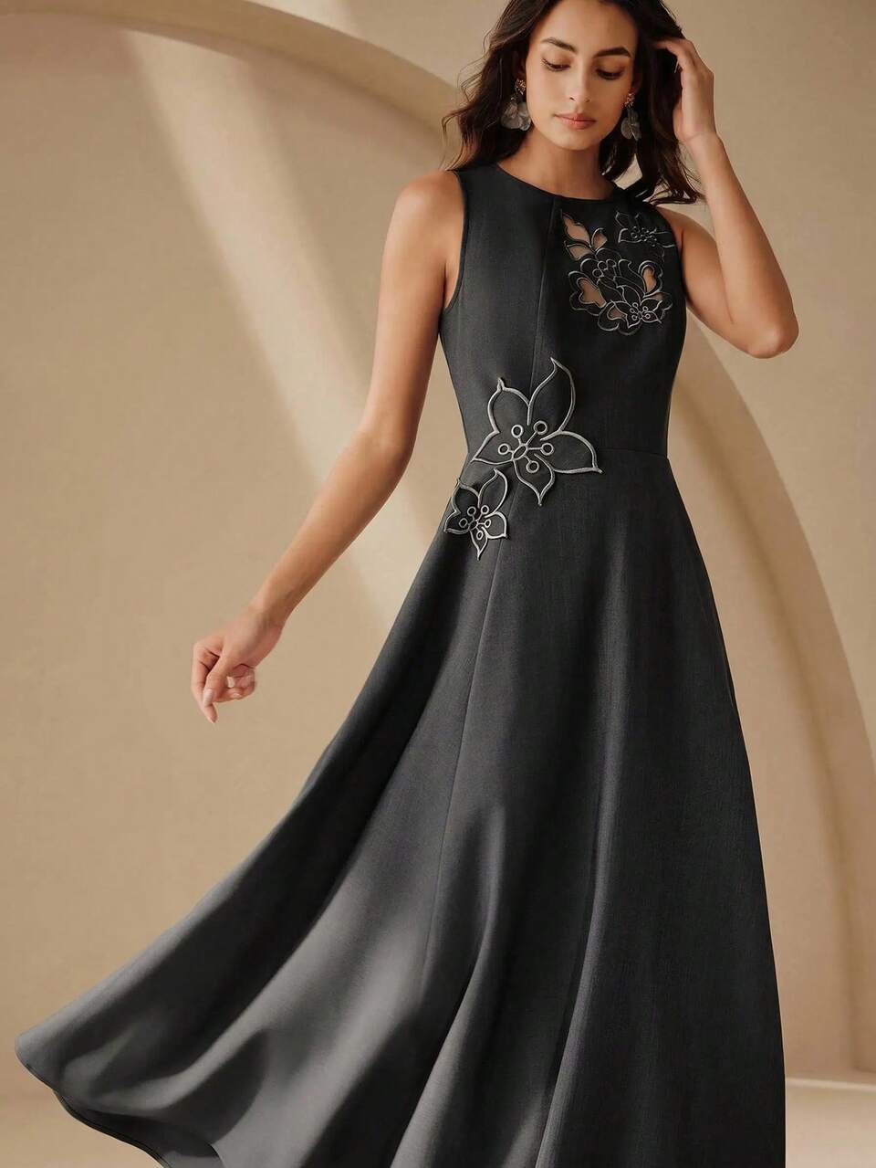 Anewsta Women's Elegant Sexy Pastal Hollow Embroidered Round Neck A-Line Dress, Suitable For Daily And Workwear Golf Summer