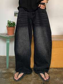 DAZY Jeans para hombre con diseño de pliegues laterales, ajuste holgado y lavado desgastado - Negro - Ver 8