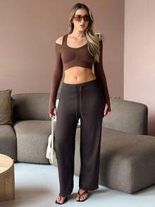 hollyjadebate Women's Solid Color Drawstring Waist Casual Versatile Daily Wear Outdoor Sports Wide Leg Pants - Mocha Brown - View 1