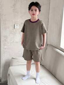 Dazy Kids 青少年男孩條紋短袖上衣與短褲家居服套裝 夏季 - 卡其色 - 查看 4