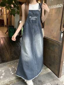 DAZY Overall Jumpsuit Denim Washed dengan Motif Huruf untuk Wanita - Biru - View 3