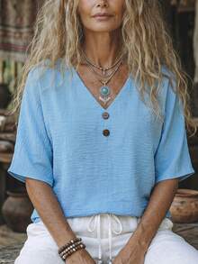 Zayélia Blusa holgada de mujer con cuello en V y botones de estilo lino sintético, nueva temporada - Azul - Ver 5