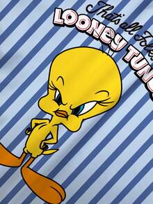 LOONEY TUNES X SHEIN 女士条纹卡通印花圆领休闲短袖T恤 - 白色 - 查看 6