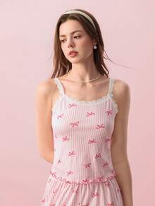 Bonmuse 2pcs Women's Pajama Set, Striped & Bow Contrast Lace Trim Camisole And Split Hem Pants, Lace Sleepwear, Cute Pajamas, Bow Pajamas, Women Summer Outfit - Multicolor - View 5