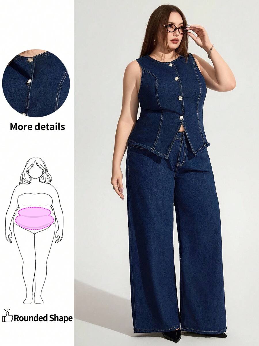 Enliva Jolene.Mendez Plus Size Denim 2 Pieces Set: Sleeveless Vest And Pants, For Apple Rounded Body Shape, For Body Shape, For Summer - Dark Wash - View 1