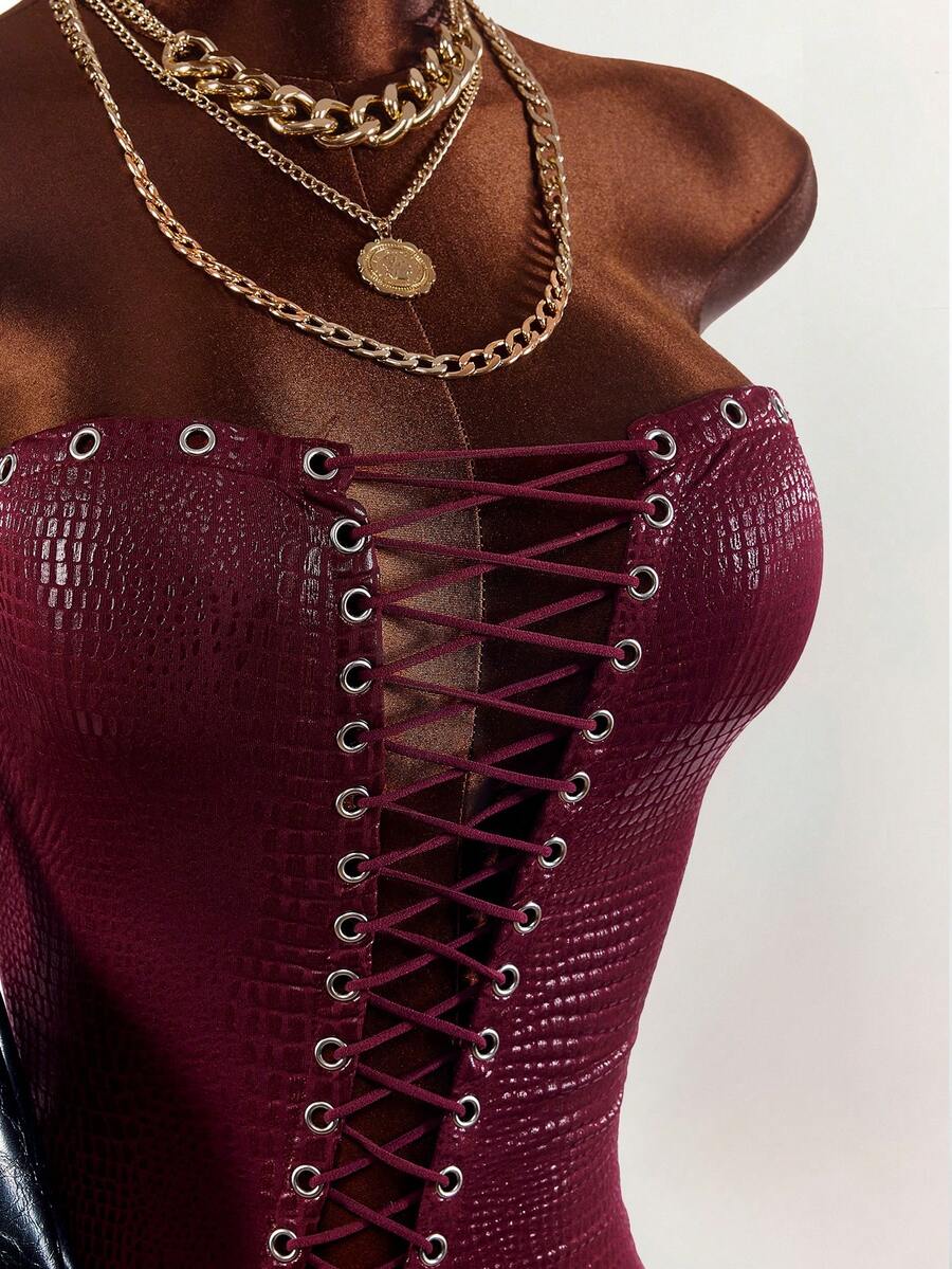 Amplova Y2K Sexy Sleeveless Bandeau Strapless Bodycon Snake Skin High Elasticity Mini Tight Dress For Women Club Night Burgundy Summer