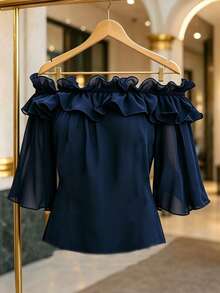 Velvienne Áo blouse nữ size lớn dệt kiểu regular fit mùa hè phong cách Pháp vintage thanh lịch đi làm trễ vai bèo nhún voan chiffon tay ngắn màu xanh - Nhiều màu - Xem 7