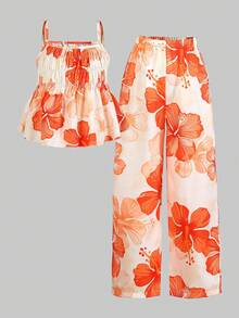 SHEIN Sparklyn 2件組 春夏青少年女孩休閒甜美可愛度假風印花布料抽褶鬆緊設計背心上衣與寬鬆寬腿長褲套裝，適合日常通勤、假期出遊、姐妹街頭風 - 橘色 - 查看 3