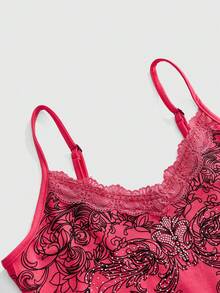 ROMWE Top de tirantes camisola para mujer Fairycore primavera verano color liso con patchwork de encaje y decoración de strass - Rosa Fucsia - Ver 3