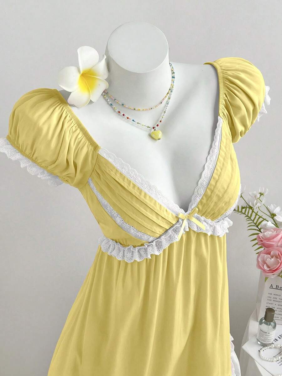Elamini Vestido corto de mujer con manga raglán, volantes y decoración de moño - amarillo ganso - Ver 1