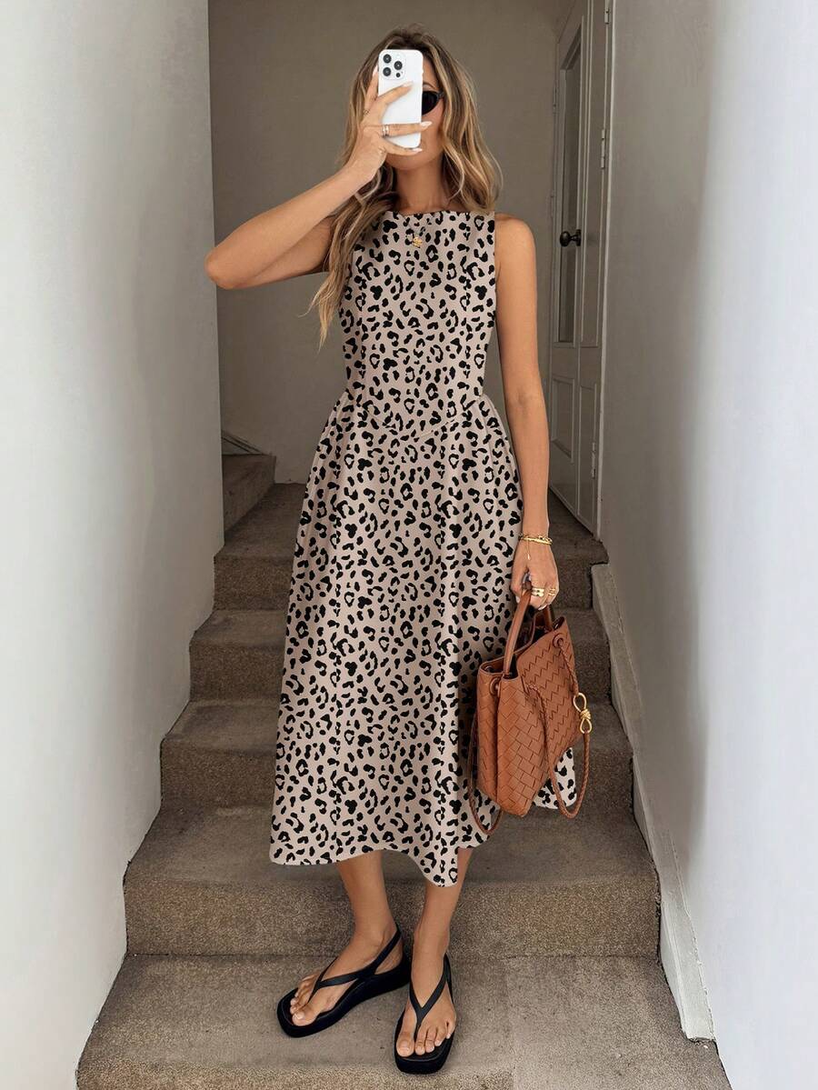 SHEIN LUNE Retro Leopard Print Round Neck Sleeveless Fitted A-Line Midi Dress - Multicolor - View 1